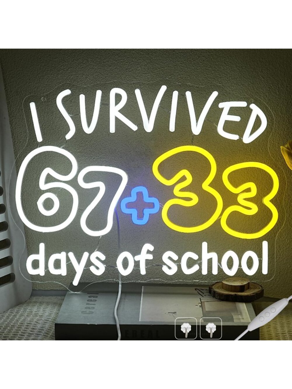 I Survived 67+33 Days of School Neon Sign White Yellow LED Light Graduated Theme